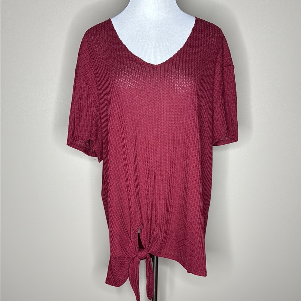 Meri Skye womens short sleeve waffle v-neck burgundy red top/shirt tie waist 2X.